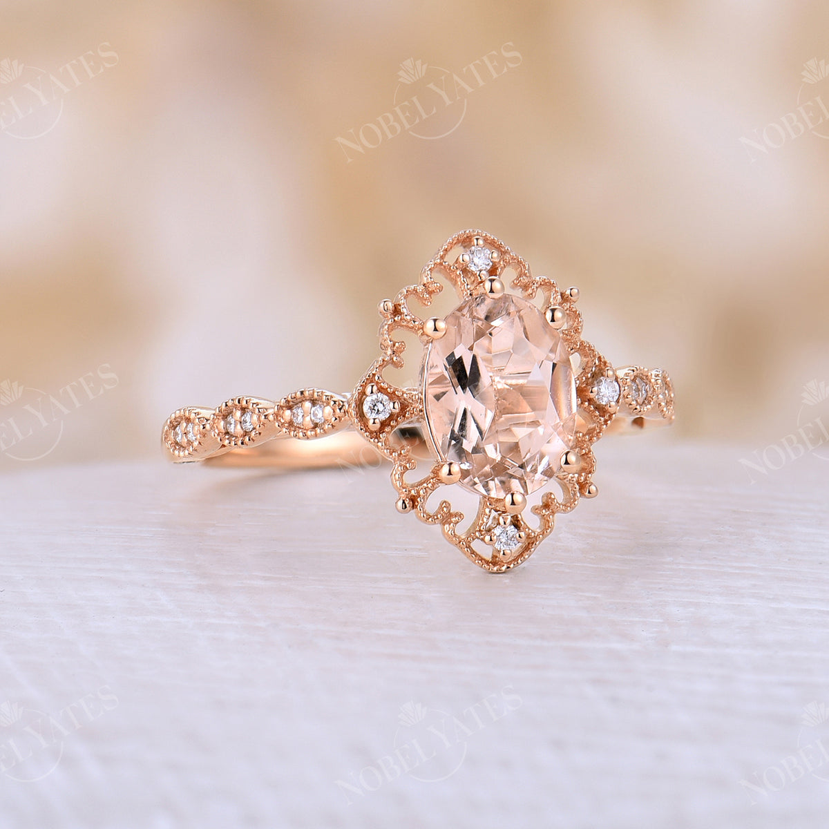 Vintage Orange Pink Morganite Engagement Ring Milgrain Rose Gold