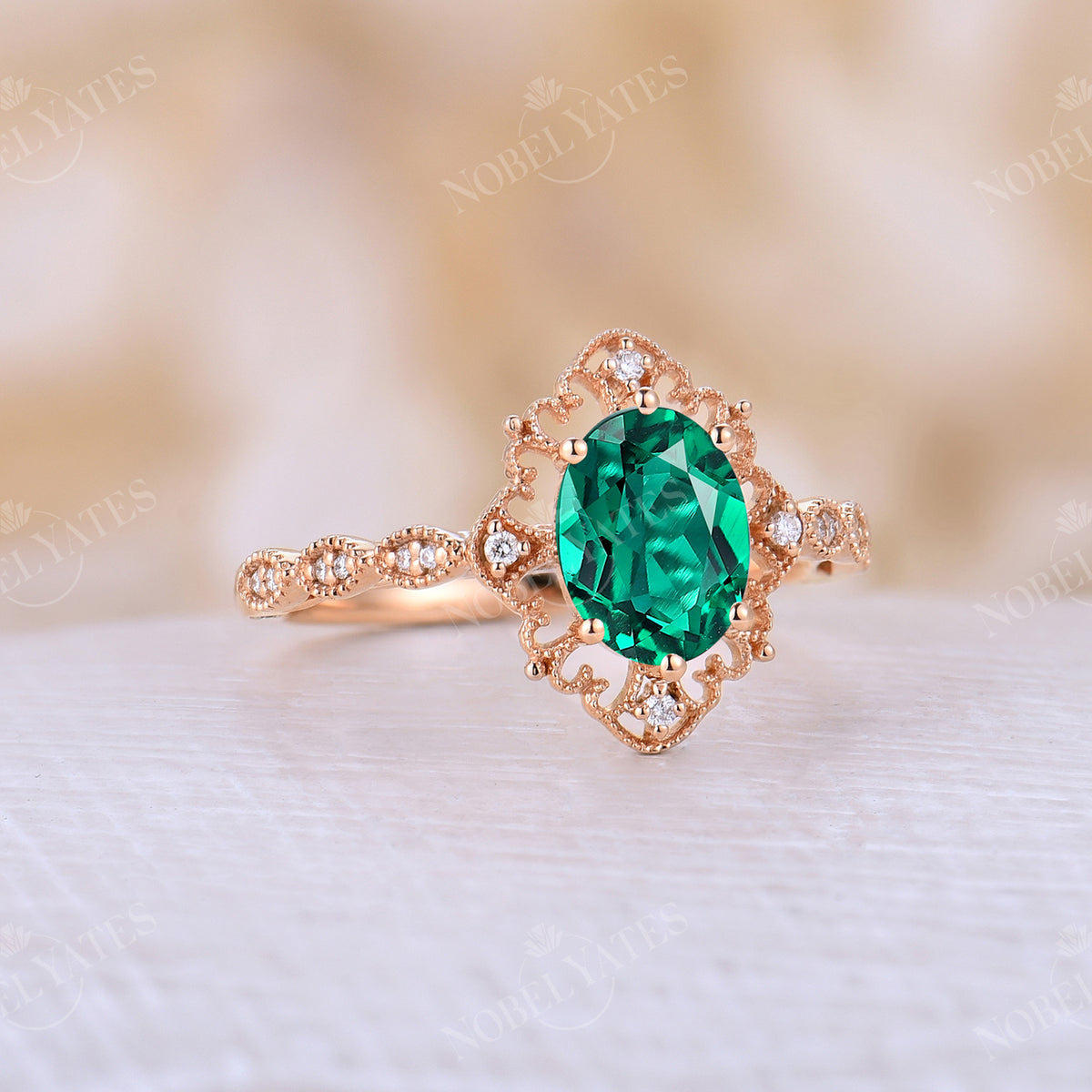 Antique Oval Shape Lab Emerald Half Eternity Engagement Ring