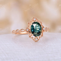 Milgrain Blue Green Sapphire Rose Gold Vintage Engagement Ring