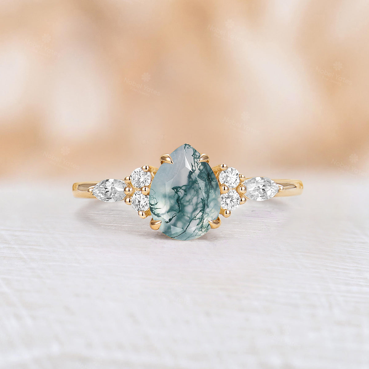 Pear Moss Agate& Moissanite Cluster Engagement Ring Rose Gold