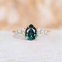 Pear Moss Agate& Moissanite Cluster Engagement Ring Rose Gold