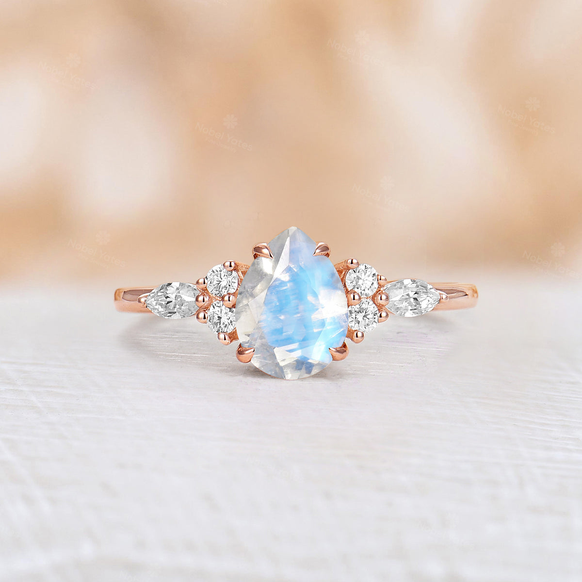 Pear Moss Agate& Moissanite Cluster Engagement Ring Rose Gold