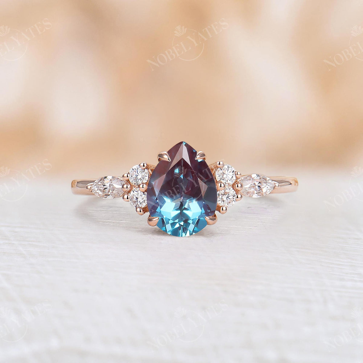 Pear Moss Agate& Moissanite Cluster Engagement Ring Rose Gold