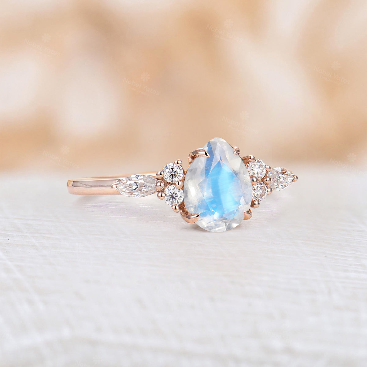 Pear Shape Blue Moonstone Classic Cluster Engagement Ring Rose Gold