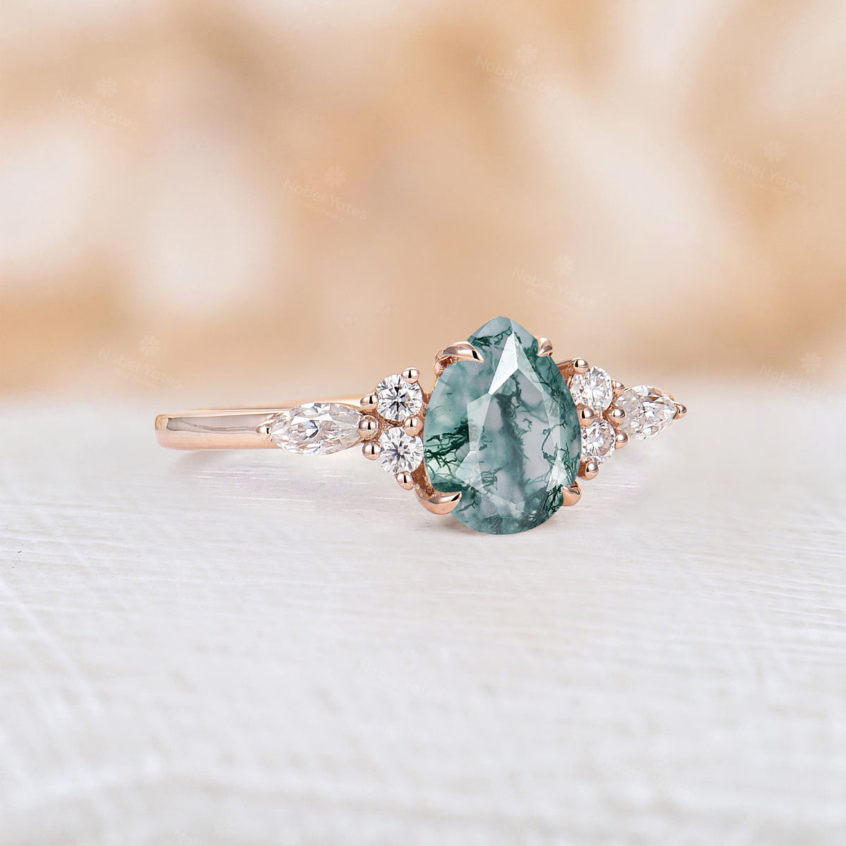 Pear Moss Agate& Moissanite Cluster Engagement Ring Rose Gold