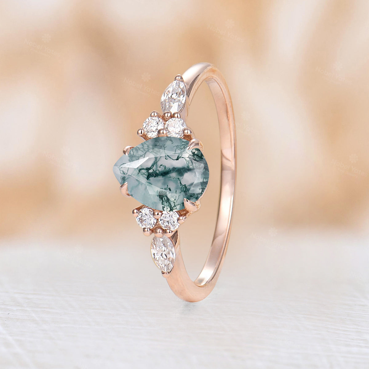 Pear Moss Agate& Moissanite Cluster Engagement Ring Rose Gold