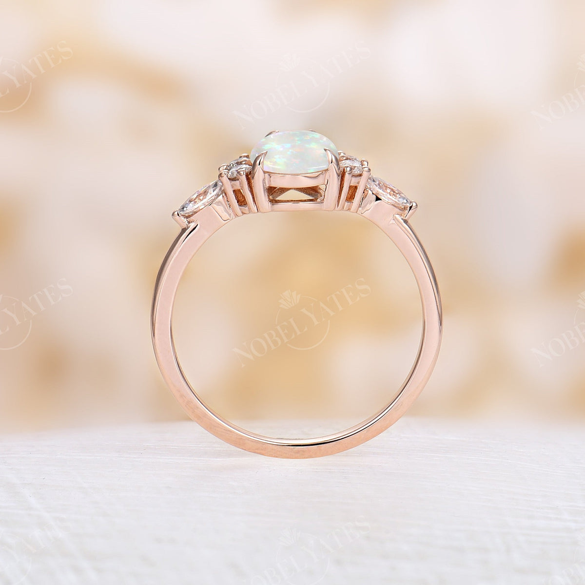 Pear White Opal Side Stone Engagement Ring Rose Gold