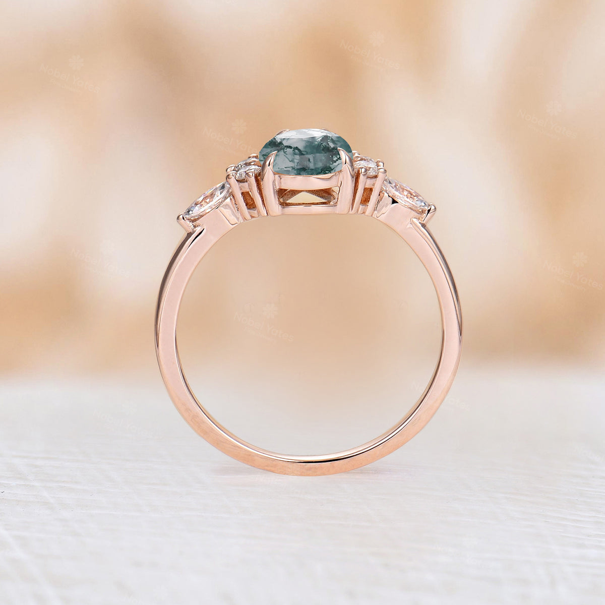 Pear Moss Agate& Moissanite Cluster Engagement Ring Rose Gold