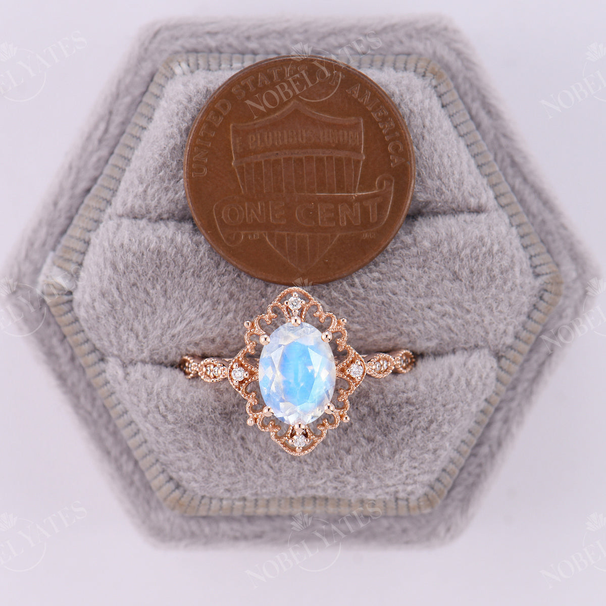 Milgrain Vintage Oval Moonstone Engagement Ring Half Eternity Rose Gold
