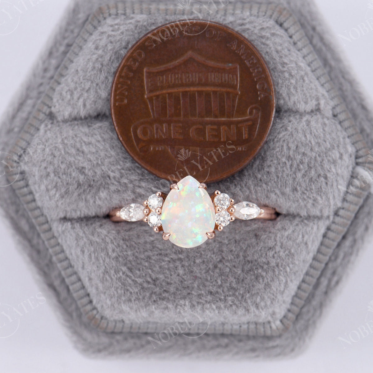 Pear White Opal Side Stone Engagement Ring Rose Gold