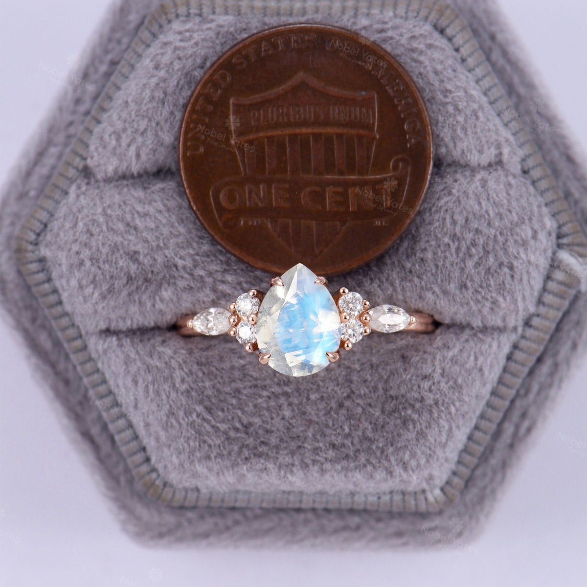 Pear Shape Blue Moonstone Classic Cluster Engagement Ring Rose Gold