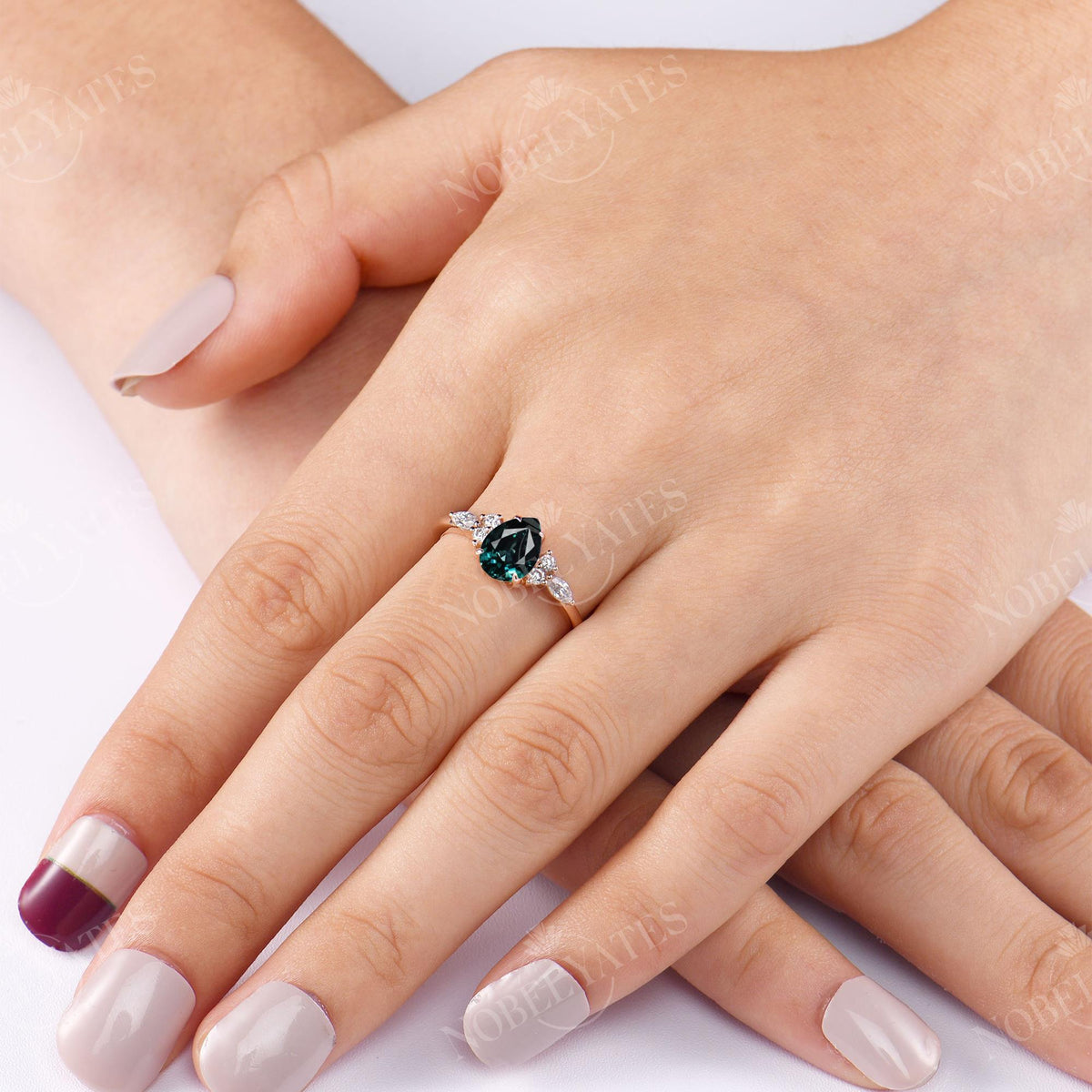 Pear Teal Sapphire Cluster Engagement Ring Rose Gold