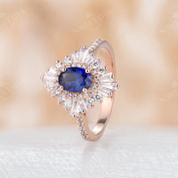 Art deco Oval Lab Sapphire Halo Pave Engagement Ring Rose Gold