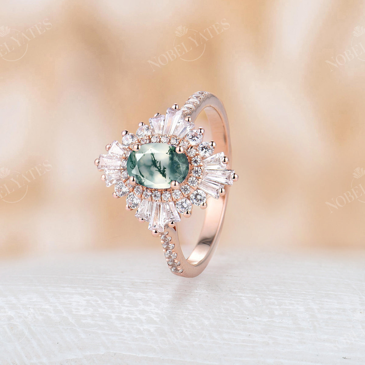 Art deco Moss Agate Oval Halo Engagement Ring Rose Gold