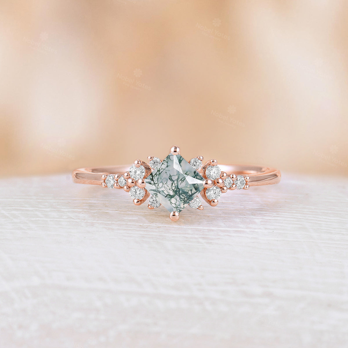 Princess cut Moss Agate Engagement Ring Diamond Cluster Rose Gold