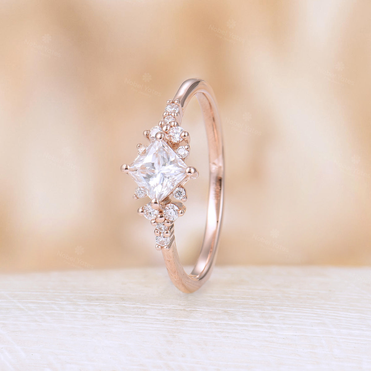 Princess cut Moissanite Cluster Diamond Engagement Ring Rose Gold