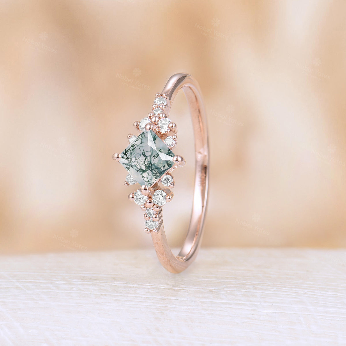 Princess cut Moss Agate Engagement Ring Diamond Cluster Rose Gold