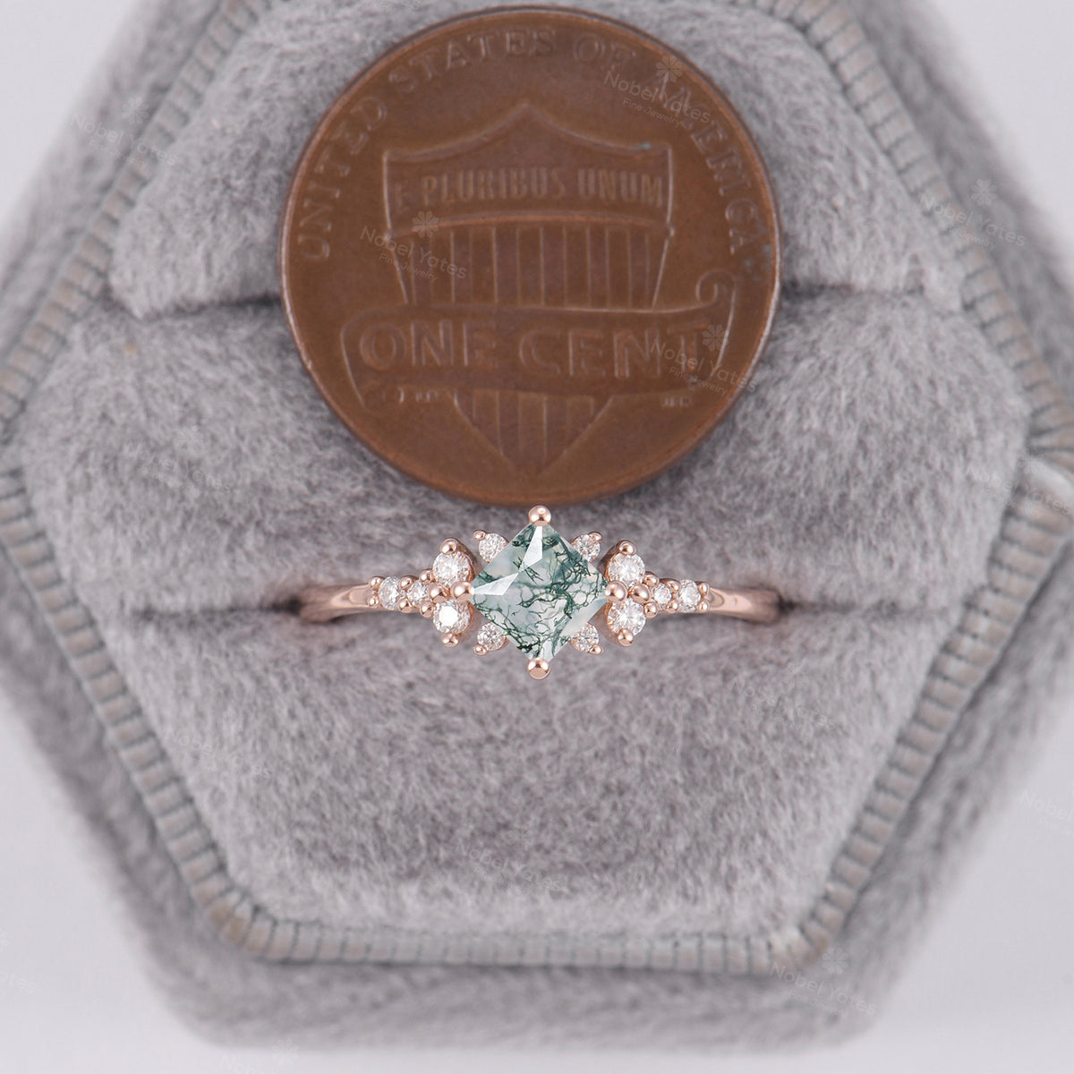 Princess cut Moss Agate Engagement Ring Diamond Cluster Rose Gold