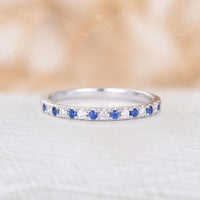 Blue Sapphire & Diamond Pave Wedding Band White Gold