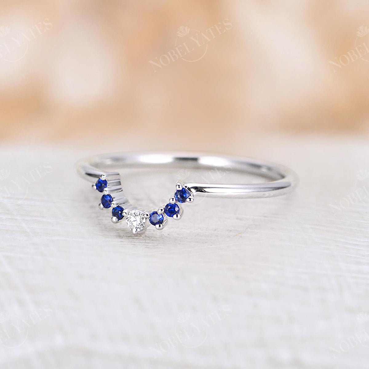 Diamond & Natural Sapphire Curved Wedding Band White Gold