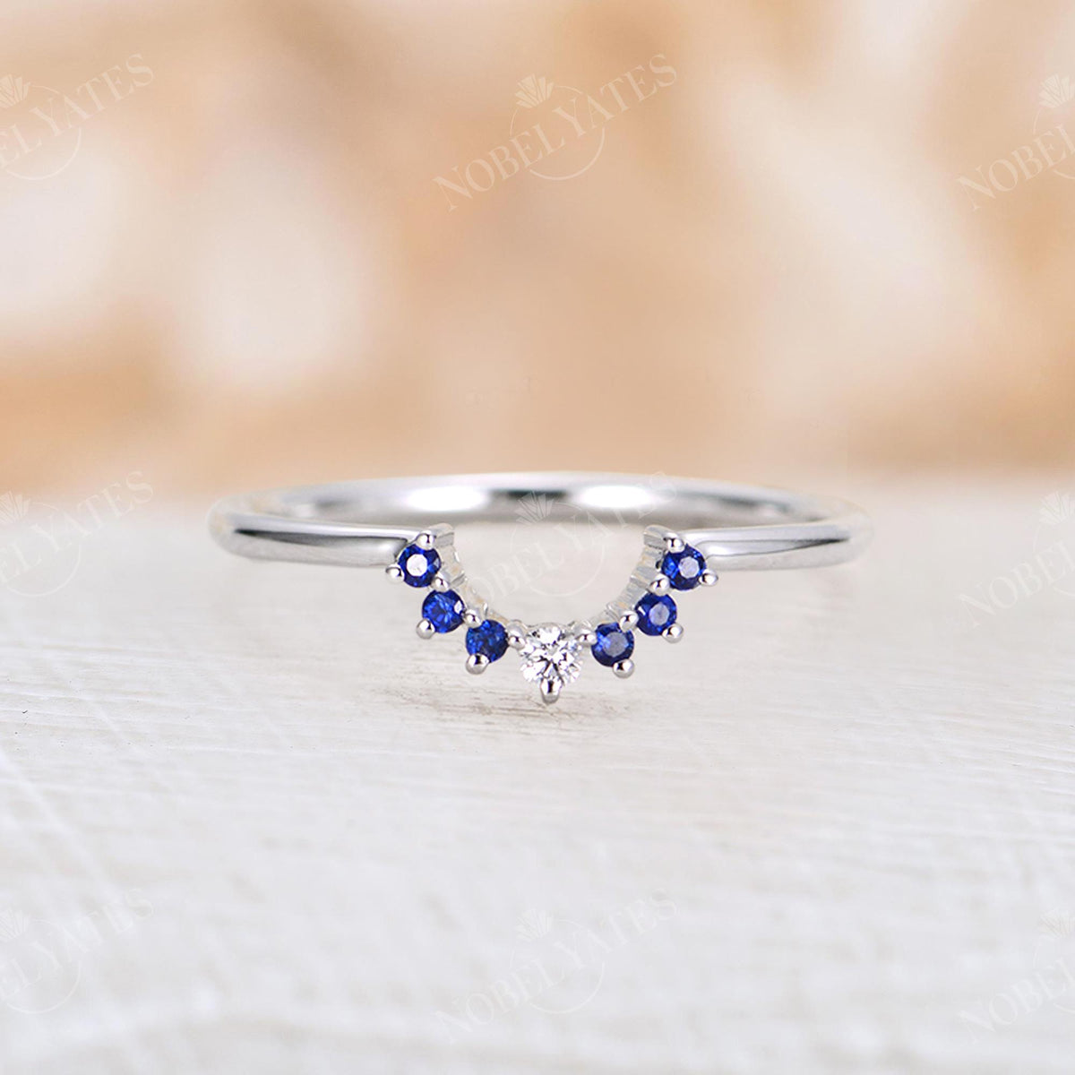 Diamond & Natural Sapphire Curved Wedding Band White Gold