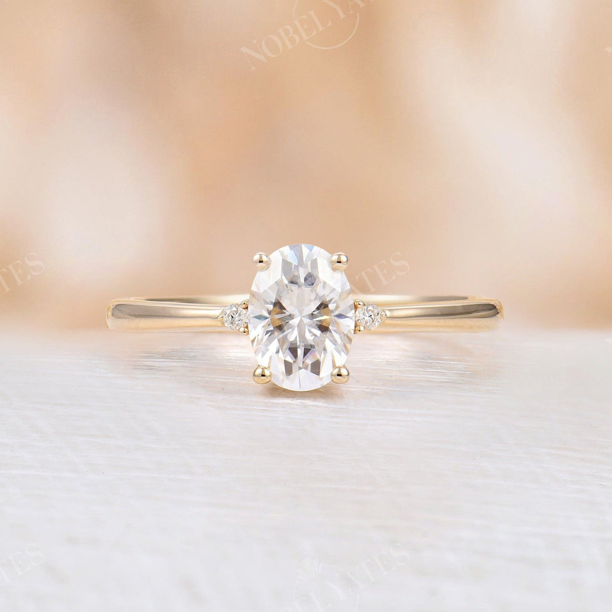 Oval Moissanite Classic Yellow Gold Three Stones Ring