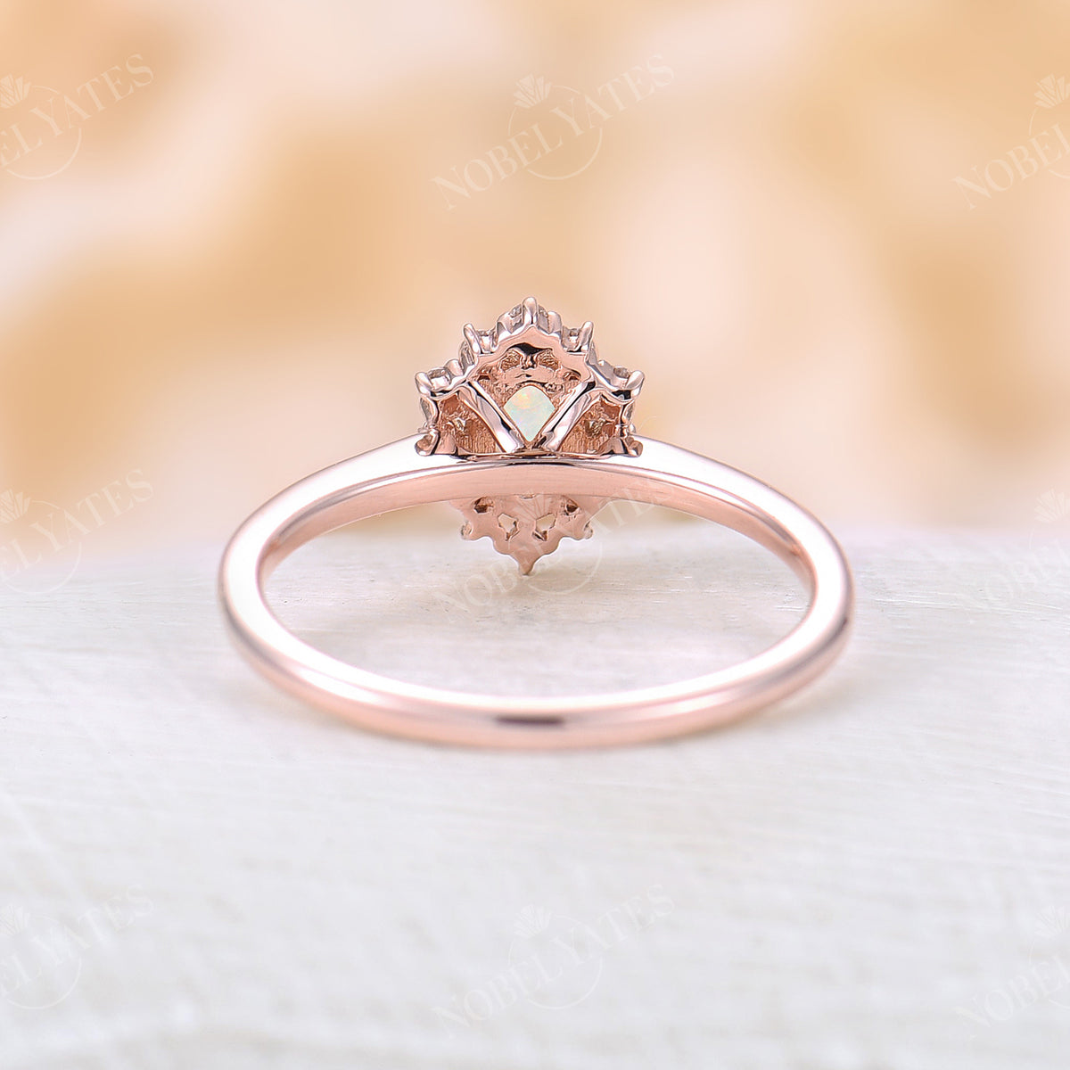 Vintage Oval White Opal Rose Gold Halo Engagement Ring