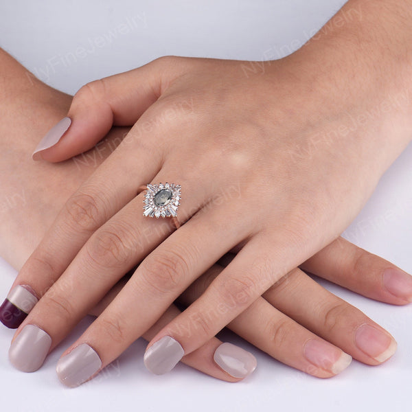 Art deco Oval Salt and Pepper Diamond Engagement Ring Rose Gold