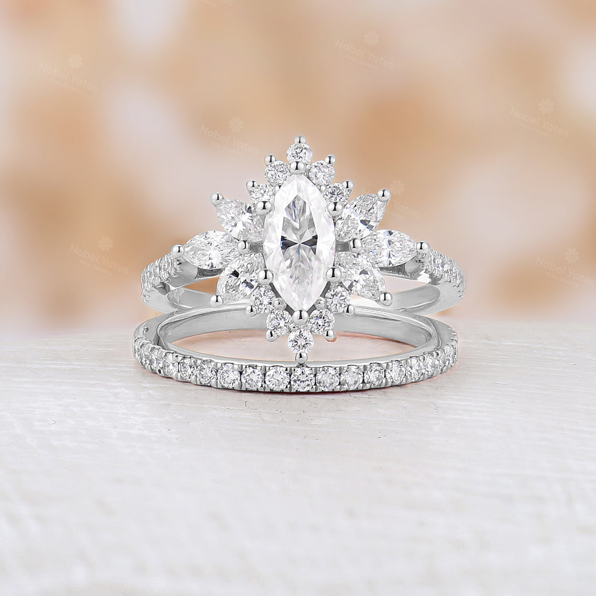 Marquise Cut Moissanite Halo Bridal Set Straight Matching Band