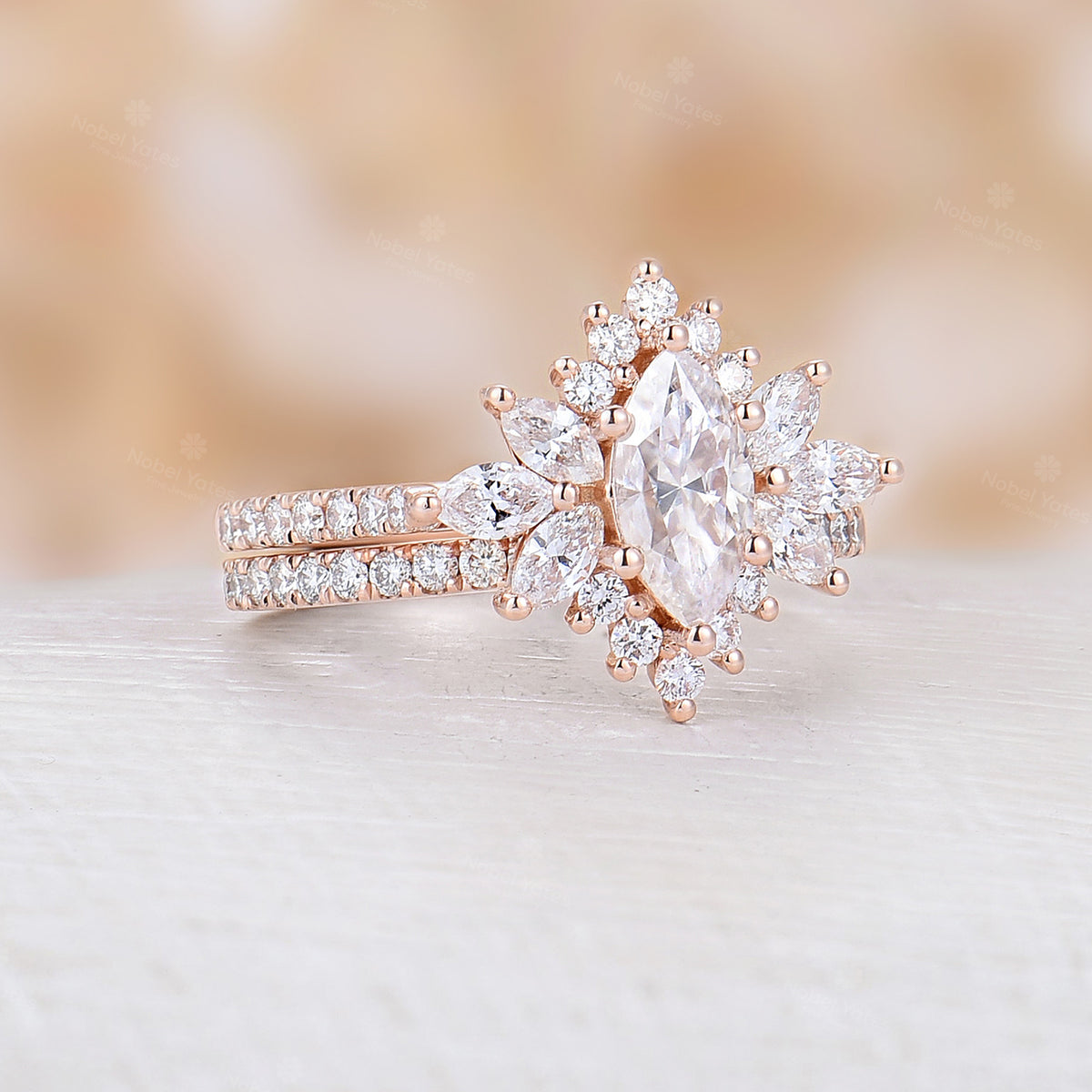 Marquise Cut Moissanite Halo Bridal Set Straight Matching Band