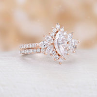 Marquise Cut Moissanite Halo Bridal Set Straight Matching Band