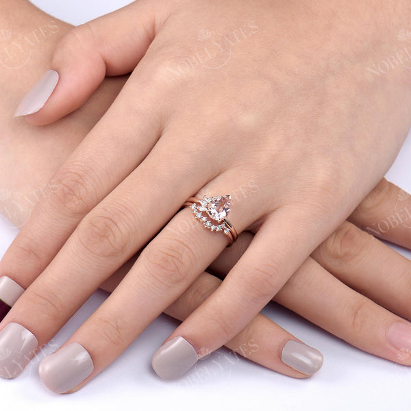 Pear Morganite Cluster Diamond Bridal set Rose Gold