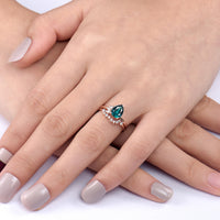 Pear Teal Sapphire Half Halo Engagement Ring Set Rose Gold