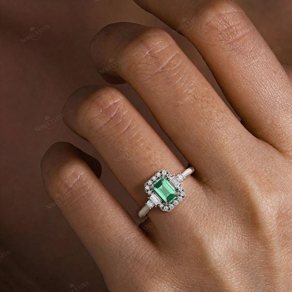 Emerald Cut Lab Green Sapphire & Lab Diamond Vintage Engagement Ring