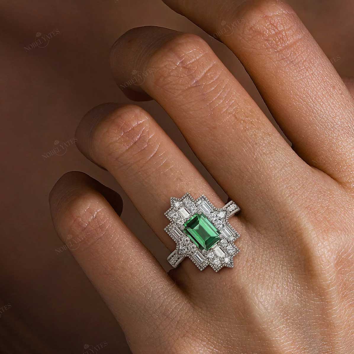 Emerald Cut Lab Green Sapphire & Lab Diamond Art Deco Mosaic Ring