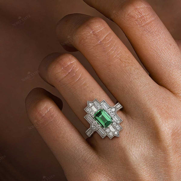 Emerald Cut Lab Green Sapphire & Lab Diamond Art Deco Mosaic Ring