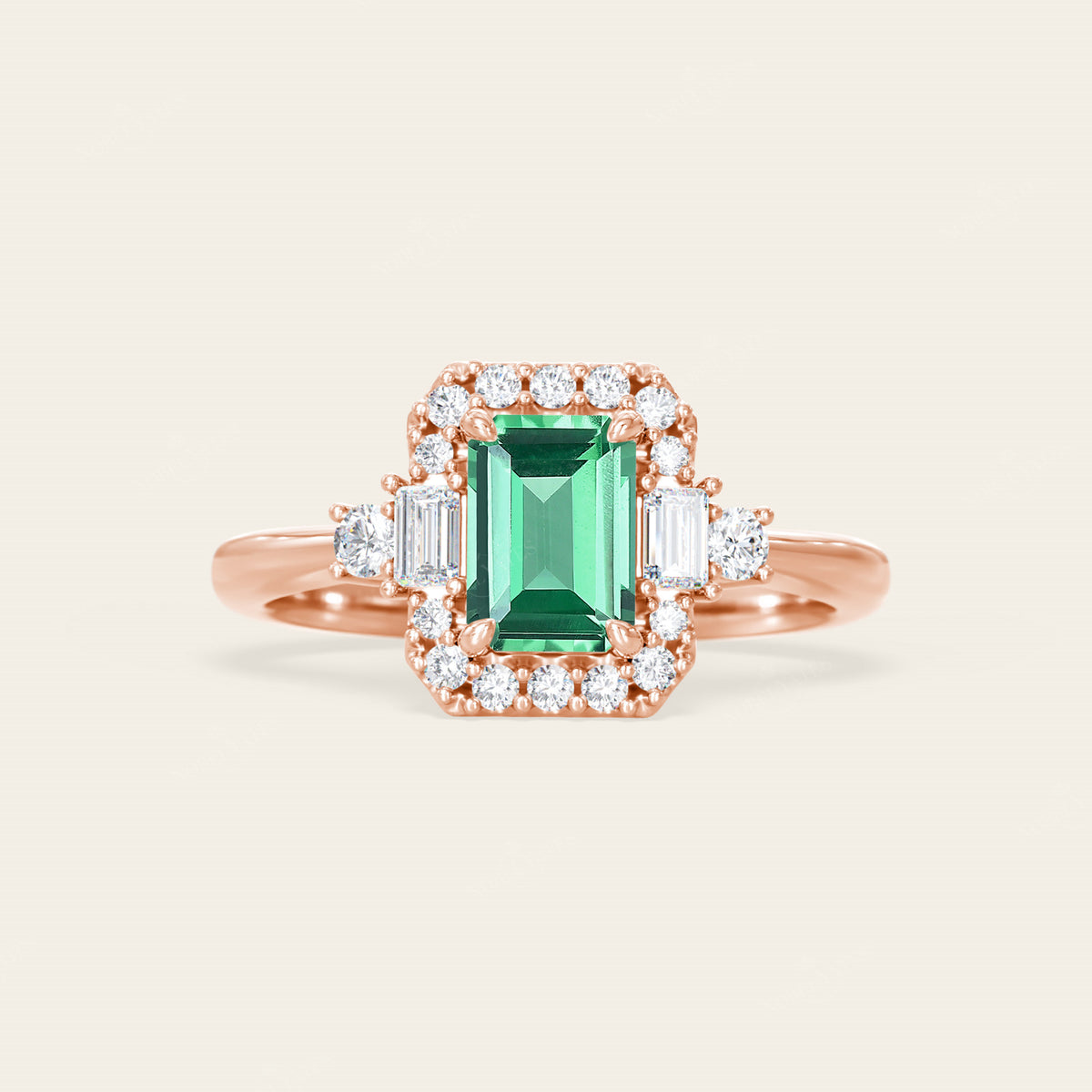 Emerald Cut Lab Green Sapphire & Lab Diamond Vintage Engagement Ring-Nobel Yates