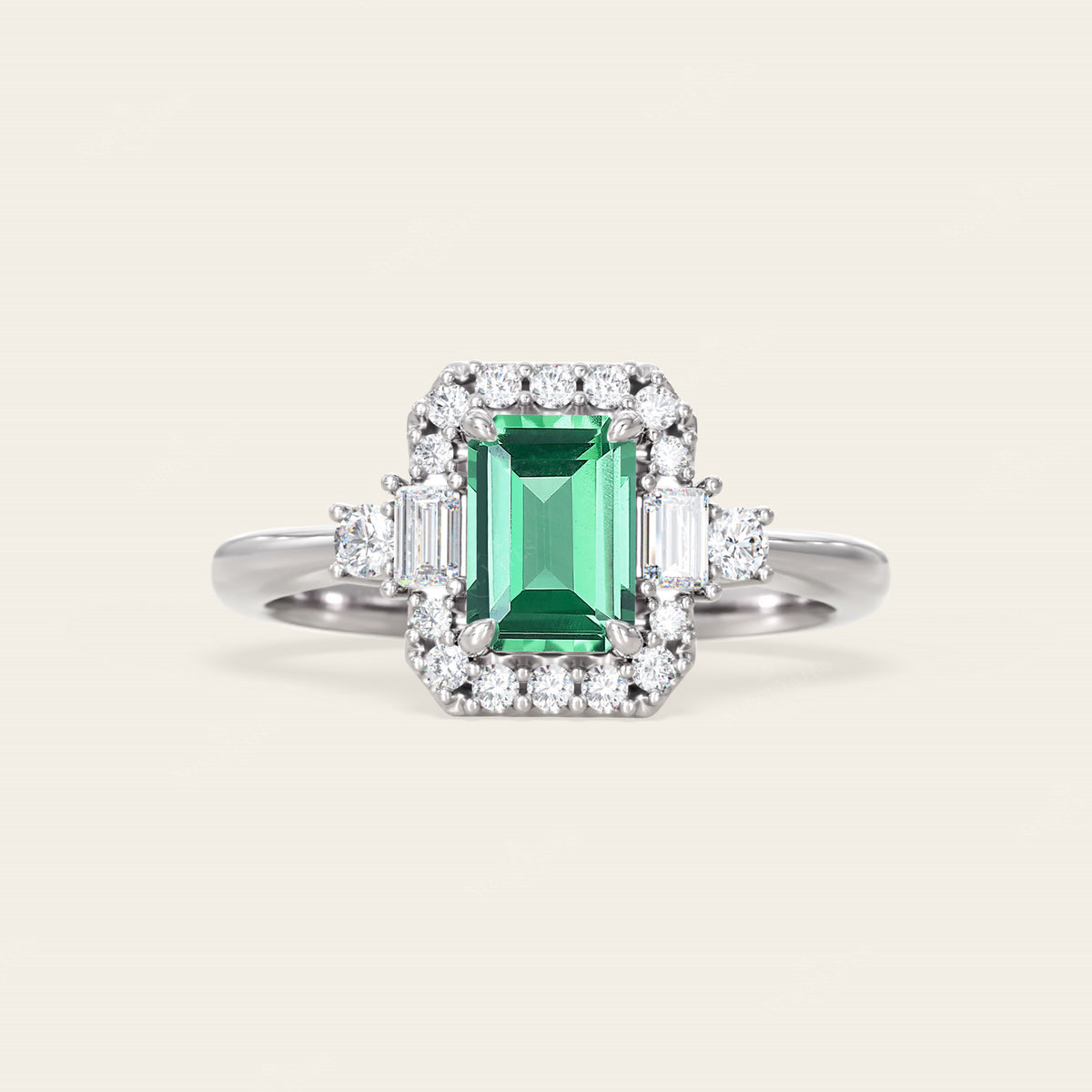 Emerald Cut Lab Green Sapphire & Lab Diamond Vintage Engagement Ring-Nobel Yates