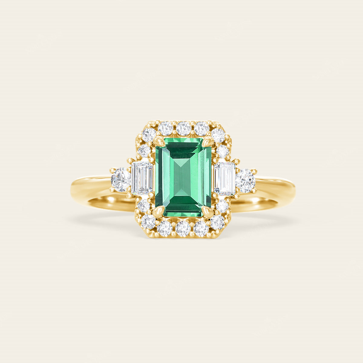 Emerald Cut Lab Green Sapphire & Lab Diamond Vintage Engagement Ring-Nobel Yates