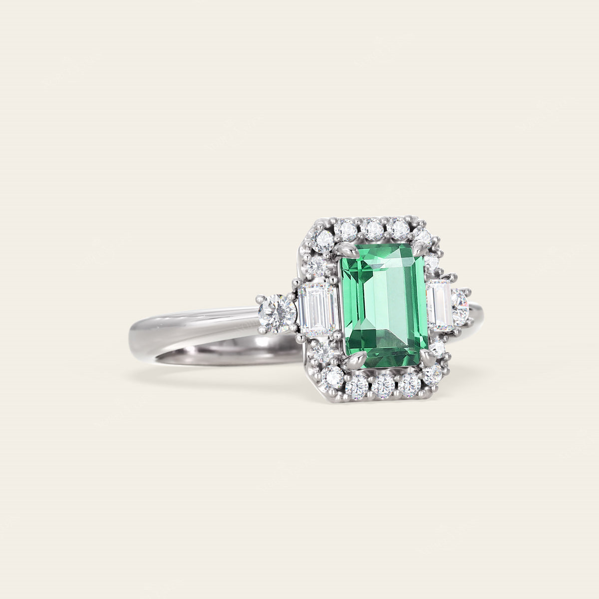 Emerald Cut Lab Green Sapphire & Lab Diamond Vintage Engagement Ring-Nobel Yates