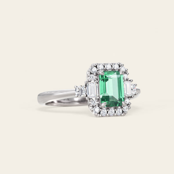 Emerald Cut Lab Green Sapphire & Lab Diamond Vintage Engagement Ring-Nobel Yates