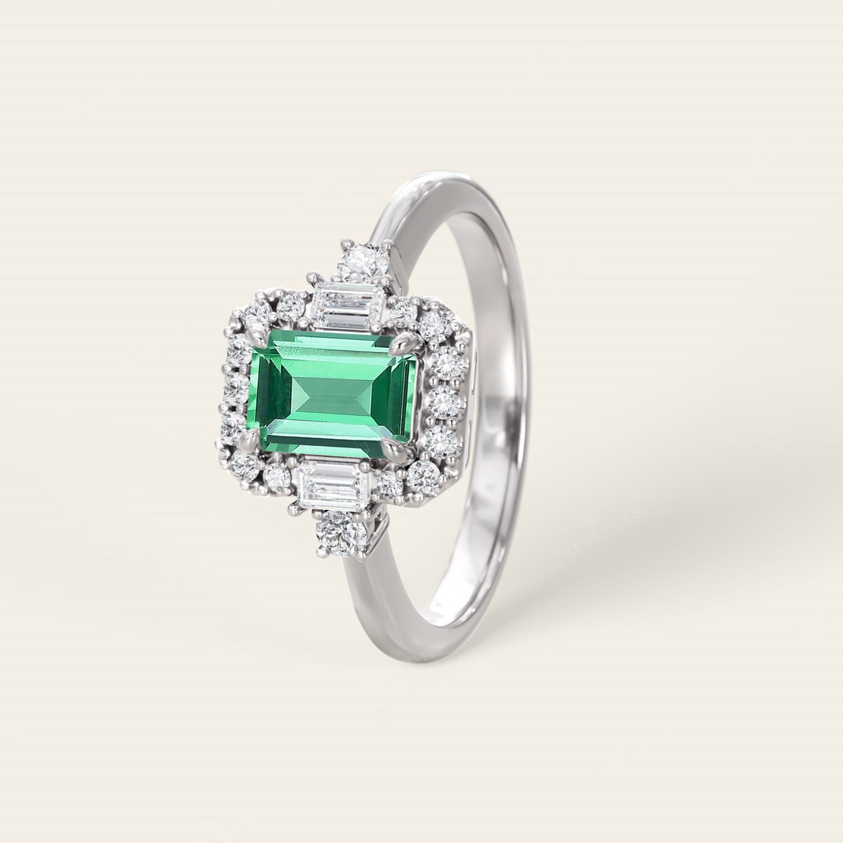 Emerald Cut Lab Green Sapphire & Lab Diamond Vintage Engagement Ring-Nobel Yates