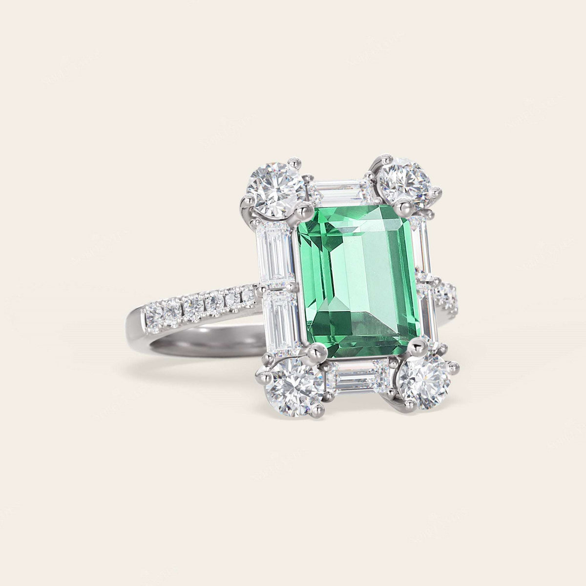 Emerald Green Lab Sapphire & Round Lab Diamond Art Deco Engagement Ring-Nobel Yates