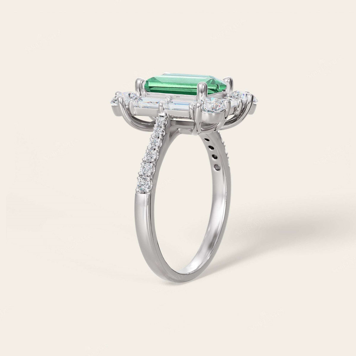 Emerald Green Lab Sapphire & Round Lab Diamond Art Deco Engagement Ring-Nobel Yates
