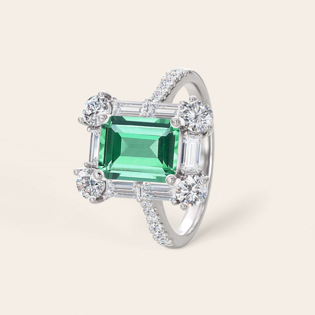 Emerald Green Lab Sapphire & Round Lab Diamond Art Deco Engagement Ring-Nobel Yates