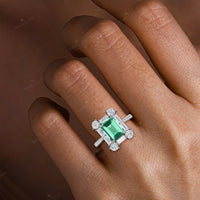 Emerald Green Lab Sapphire & Round Lab Diamond Art Deco Engagement Ring-Nobel Yates