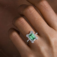 Emerald Green Lab Sapphire & Round Lab Diamond Art Deco Engagement Ring