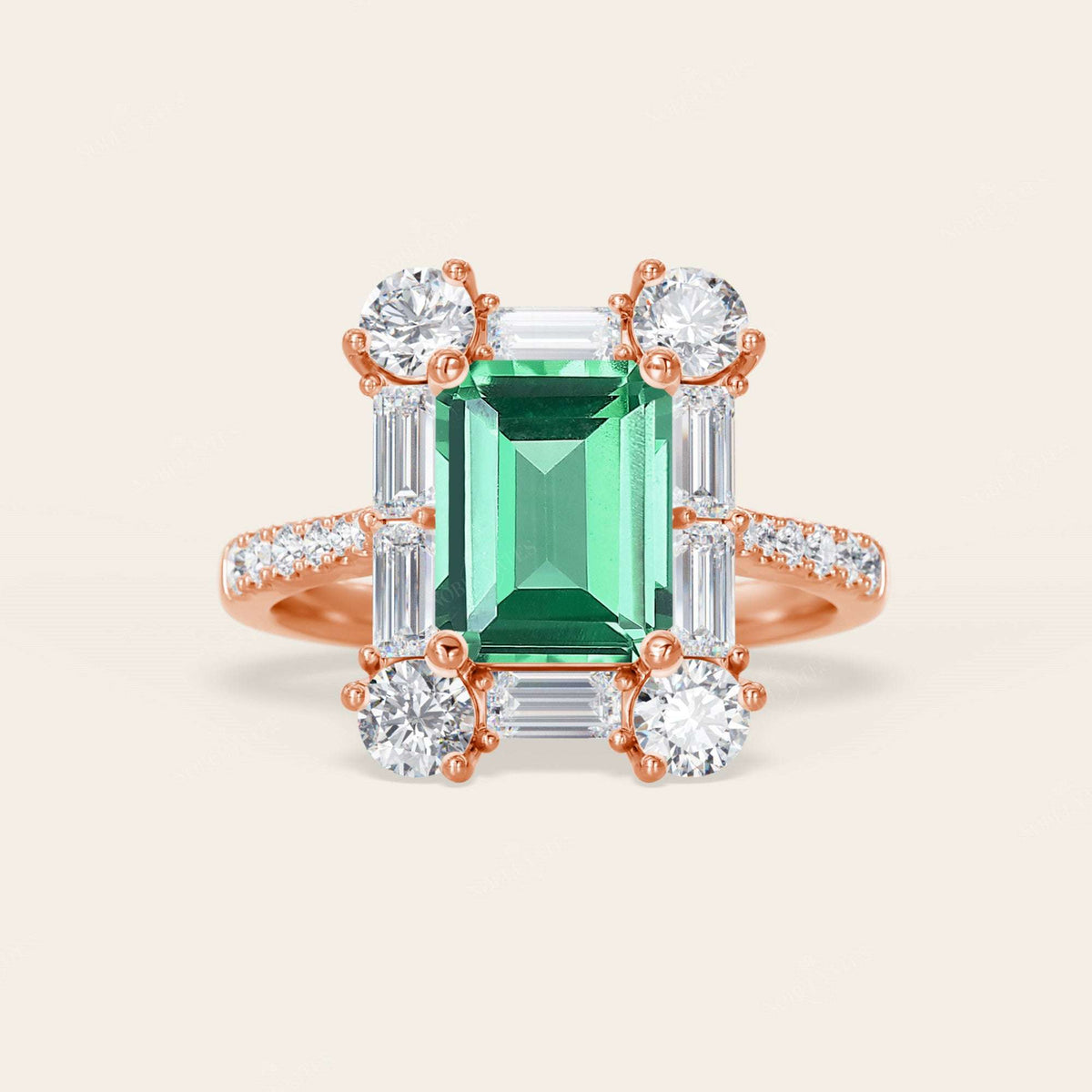 Emerald Green Lab Sapphire & Round Lab Diamond Art Deco Engagement Ring-Nobel Yates
