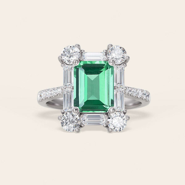 Emerald Green Lab Sapphire & Round Lab Diamond Art Deco Engagement Ring-Nobel Yates