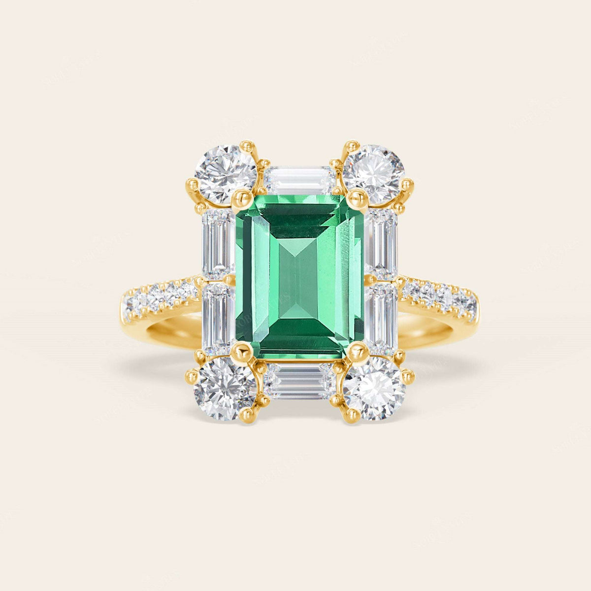 Emerald Green Lab Sapphire & Round Lab Diamond Art Deco Engagement Ring-Nobel Yates